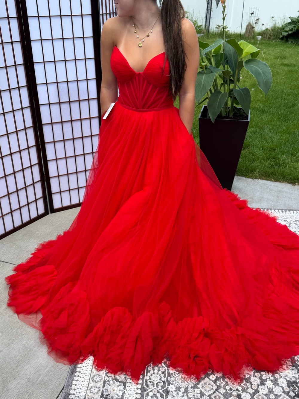 NWT Designer Red Couture Tulle Ball Gown Floral Strap Size 2